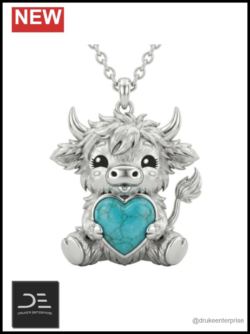 Sterling Silver Highland Cow Pendant Necklace Natural Turquoise
